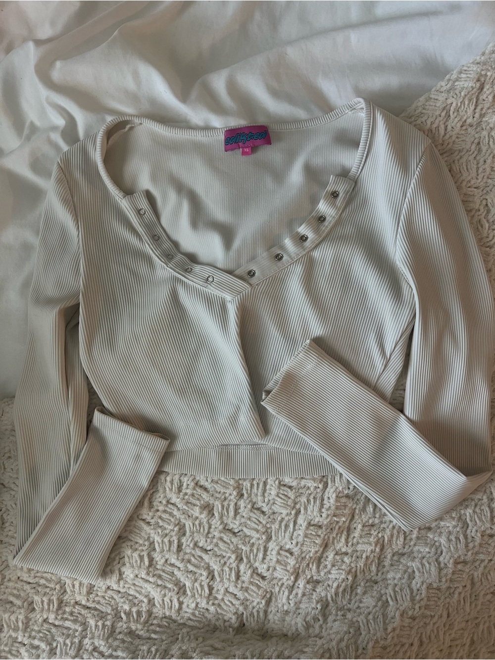 Edikted Ribbed Long Sleeve Crop Top in Cream with Snap Detail